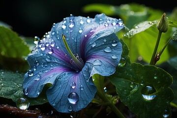 Witness a water droplet on a fresh morning glory flower petal, Aelita Ipomoea, capturing the purity...