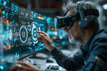 A scientist engaging with advanced virtual reality interfaces, analyzing intricate data visualizations in a high-tech environment.