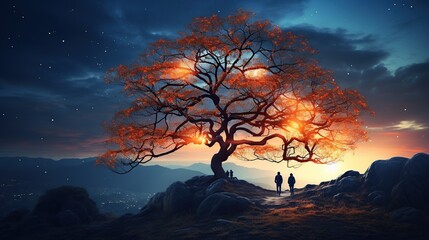 Young couple sitting on a big tree and looking at the sky at night