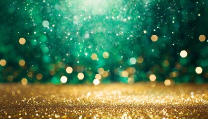 abstract green and gold shiny christmas background with glitter and confetti holiday bright emerald blurred backdrop with golden particles and bokeh