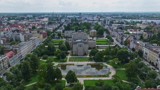 Aerial drone view of Cottbus State Theatre ( Staatstheater ) in Cottbus , Germany