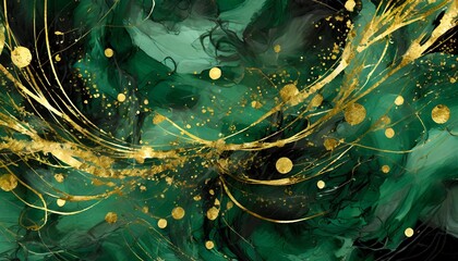 abstract dark green ink acrylic splashes background with fine golden elements