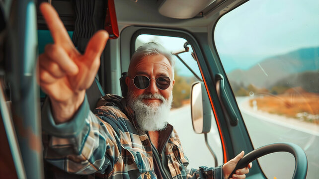 Elderly man truck driver with glasses, smiling, driving truck and showing peace hand gesture, people and lifestyle background, 