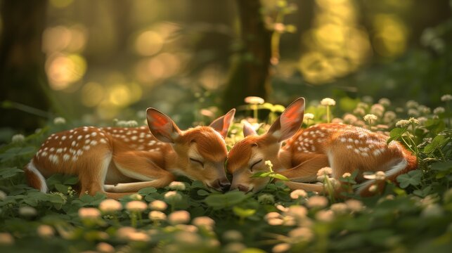  Two deer resting together in a verdant forest surrounded by white and brown blossoms