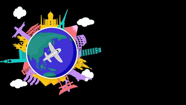 animated vector of the world spinning and also famous country icons, perfect for posts about vacations or world travel. Alpha Background, Easy to use.