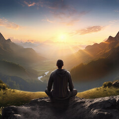 Back view of a man sitting in yoga pose in the sunrise with a mountain range in front of him. Serene warrior find spirituality and wellbeing. Mental health concept hyper realistic.