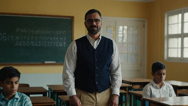 Maestro con lentes elegante con traje dando clases en un sal&oacute;n de clases con un pizarr&oacute;n de fondo