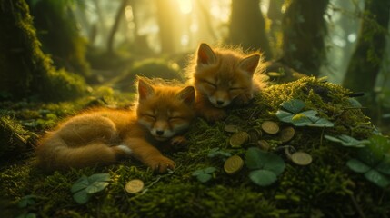  Two tiny foxes resting amidst an emerald forest carpeted with foliage and damp earth, side by side - obrazy, fototapety, plakaty