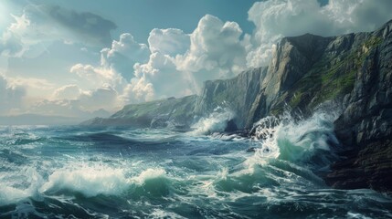 A painting depicting powerful waves crashing fiercely against a rugged cliff, creating dramatic splashes and foam. The scene captures the dynamic interaction between the relentless ocean and the solid - Powered by Adobe