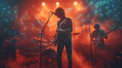 Rock band performs at a concert with dim sum in orange light