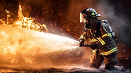 Heroic firefighter in his safety suit and equipment working in flames and water spray