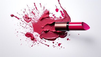 Red lipstick and lipstick stain smeared on white background - obrazy, fototapety, plakaty