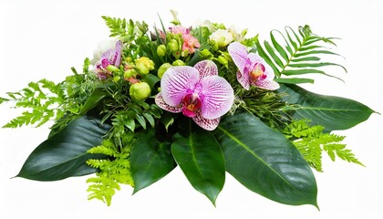 tropical leaves and flower garland bouquet arrangement mixes orchids flower with tropical foliage fern philodendron and ruscus leaves isolated on white background with clipping path - obrazy, fototapety, plakaty