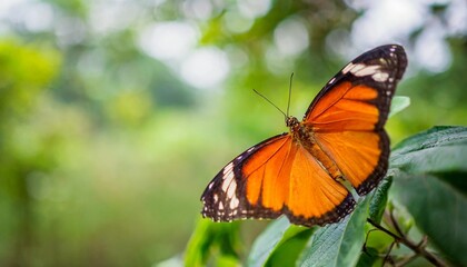 Fototapeta na wymiar nature view of beautiful orange butterfly on green nature blurred background in garden with copy space using as background insect natural landscape ecology fresh cover page concept
