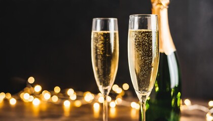 champagne for festive cheers with gold sparkling bokeh background bottle of sparkling wine in front of tender bright black view horizontal background for celebrations and invitation cards space - obrazy, fototapety, plakaty