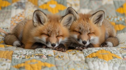 Obraz premium A pair of foxes lounging beside each other on a flowery bedspread