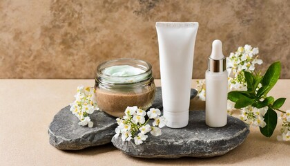 Obraz na płótnie Canvas natural beauty products set for facial skin care on stone with little flowers at beige background