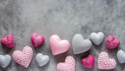 border of pink and gray hearts on a concrete background valentine s day top view flat lay copy space