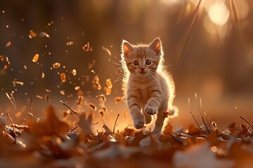 As the sun sets on a tranquil autumn day, a tiny ball of fur dashes through a picturesque grove, its golden coat blending seamlessly with the carpet of fallen leaves. - obrazy, fototapety, plakaty
