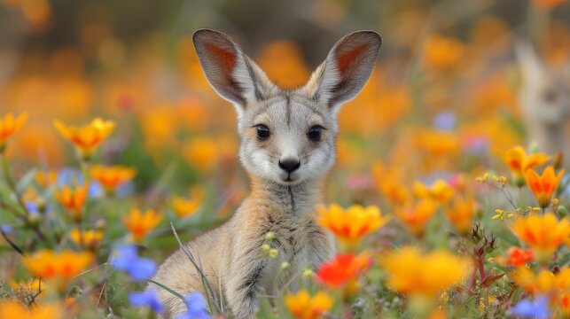  A picture of an animal with flower background - blue, orange, yellow