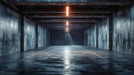 Pathway to the Unknown: An Empty, Dark Corridor Offering a Glimpse into the Depths of Industrial Architecture