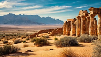 desert landscape with ancient ruins background digital art - obrazy, fototapety, plakaty