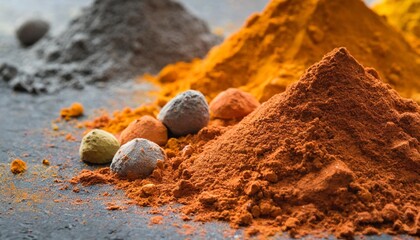 detailed view of multicolored powdered pigments in shades of orange brown and grey showcasing...