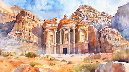 A watercolor painting depicting a building in the desert landscape of Petra archaeological site. The building stands out against the arid surroundings, showcasing the unique architecture of the ancien - obrazy, fototapety, plakaty