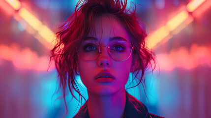 Retro styled woman in colorful neon lit corridor