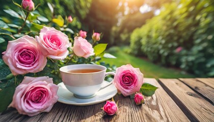 cup of tea and pink roses flowers in the garden copy space illustration