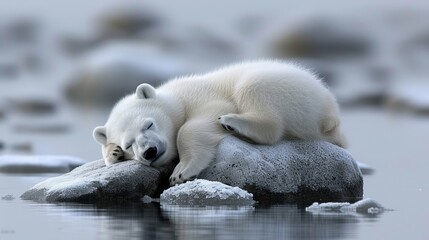  A polar bear resting atop a rocky outcropping beside a water body atop a pile of boulders