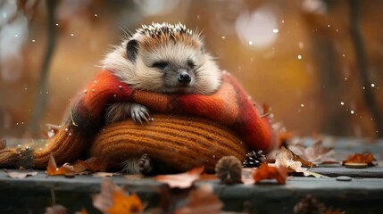  Hedgehog on leaf pile amidst autumn foliage