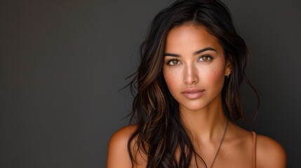 Naklejka premium A woman with long, dark hair and a necklace looks intently into the camera