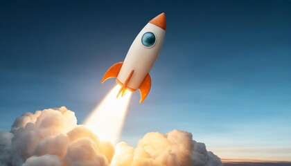 rocket launch small cute cartoon spaceship taking off 3d rendering