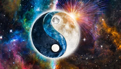 Zelfklevend Fotobehang the soul and the cosmic yin yang are celebrating the cosmos and the moon beautiful spiritual illustration of colorful connections to the universe and the creation © Faith