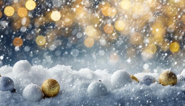 snowfall texture on blurry background silver and gold abstract blurred bokeh lights christmas and new year holiday backdrop with copy space