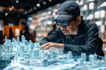  A man examines a complex urban planning model illuminated with blue light, reflecting a high level of detail and planning.