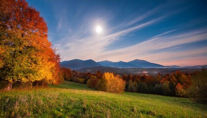 Naklejka na ściany i meble gorgeous countryside at dawn in autumn at night trees in colorful foliage on the grassy field in full moon light mountains in the distance