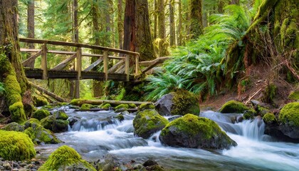 washington state olympic national park sol duc valley rainforest with trail and bridge over stream - obrazy, fototapety, plakaty