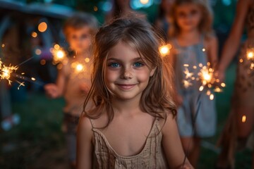 Obraz na płótnie Canvas A joyful girl with sparkling blue eyes and freckles smiles brightly, surrounded by blurred figures with sparklers in a festive atmosphere.