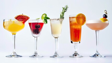 Fototapeta premium Elevate your gatherings with a vibrant set of six expertly crafted alcoholic cocktails, meticulously arranged on a pristine white background