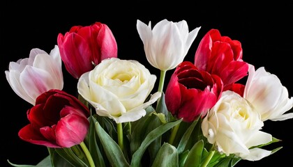 white and red roses tulips isolated on black background floral arrangement bouquet of garden flowers can be used for invitations greeting wedding card