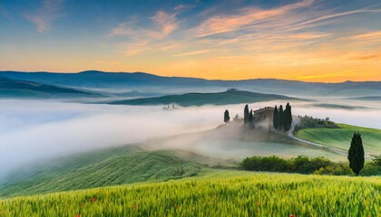 fairytale misty morning in the most picturesque part of tuscany val de orcia valleys - obrazy, fototapety, plakaty