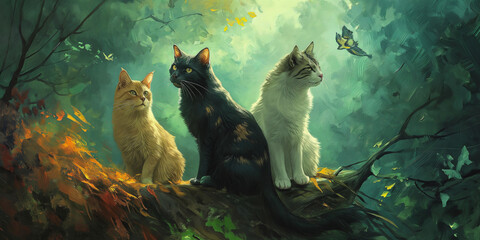Three cats, each with a distinct fur color, sit gracefully amid a mystical forest ambiance - obrazy, fototapety, plakaty