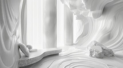 A monochromatic dreamscape in shades of pearl, capturing the essence of purity and simplicity in...