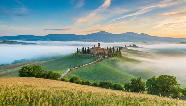 fairytale misty morning in the most picturesque part of tuscany val de orcia valleys