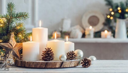 Fototapeta na wymiar home christmas decor with burning candles in whte interior