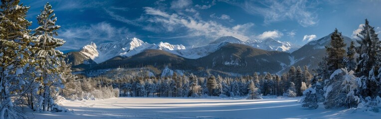 Fototapeta premium A winter landscape featuring a snow-covered field with various trees and distant mountains in the background. The white expanse of the field contrasts with the dark outline of the trees and the toweri