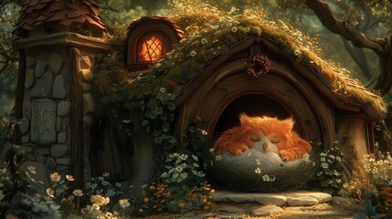  A wooden house with a feline napping in its cozy den amidst trees - obrazy, fototapety, plakaty
