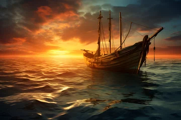 Foto op Canvas Fishing boat on the ocean, fishing boat during sunset on the ocean © MrJeans